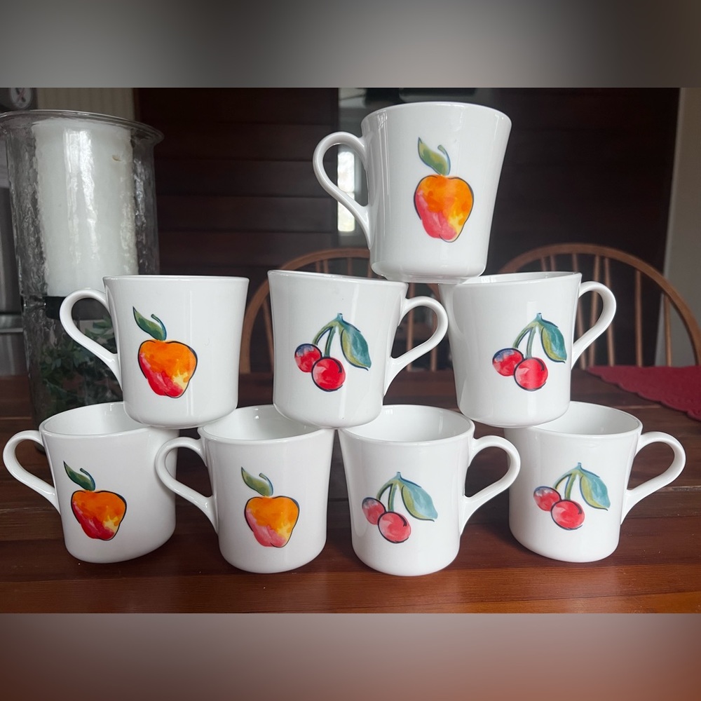 8 Vintage fruit basket Corning ware mugs coffee cups cherry apple Corningware